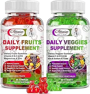 Sugar-Free Fruits & Veggies Gummies, Super Greens with 23 Fruits & 25 Veggies, Multivitamin Minerals & Fiber, Vegan Fruit & Vegetable Supplement for Adults, 120 Gummies, 2 Month Supply