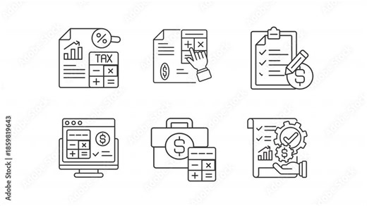 Financial reports line animation set. Accounting paperwork animated icons. Commercial data analyzing. Business budget planning. Outline elements on white background. HD video with alpha channel