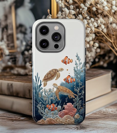 Embroidery Illusion, Sea Turtle and Clownfish Phone Case | Ocean Coral, Ocean Inspired Tough Cases, Sea Life, Fish Phone Case - Etsy