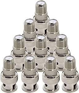 10-Pack Nickel-Plated Brass BNC Male to F Female Coaxial Adapter - 75 Ohm, for CCTV Camera, RG6/RG59 Cable, Scanner - Not for TV/Antenna