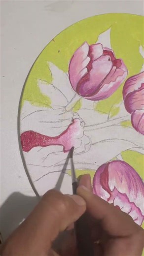Tulip Painting Process 🌷 | Acrylic Art on Round Canvas + Glossy Varnish Finish ✨