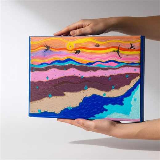 Hand Painted Cedar Keepsake Box: Birds, Owls, Southwestern Landscape Decor