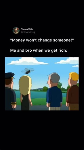 @clownvids on Instagram: "In this iconic scene from the hit animated series Family Guy, Peter Griffin and his wealthy father-in-law Carter Pewterschmidt demonstrate exactly how they would handle a sudden influx of massive wealth. The clip starts with a massive military-grade Chinook helicopter carrying a luxury yacht into a backyard, setting the stage for total excess. It perfectly parodies the “new money” trope where logic is replaced by the most expensive and impractical methods of transportat