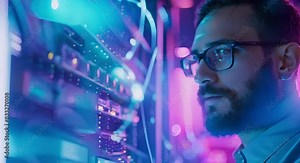 IT professional working in a server room managing digital technology and security. Concept IT Security, Server Management, Digital Technology, Workplace Safety, Cybersecurity