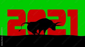 2021 Year Of The Ox With Black Bull Cartoon Silhouette. 4K Animation Video Motion Graphics On Green Screen Background