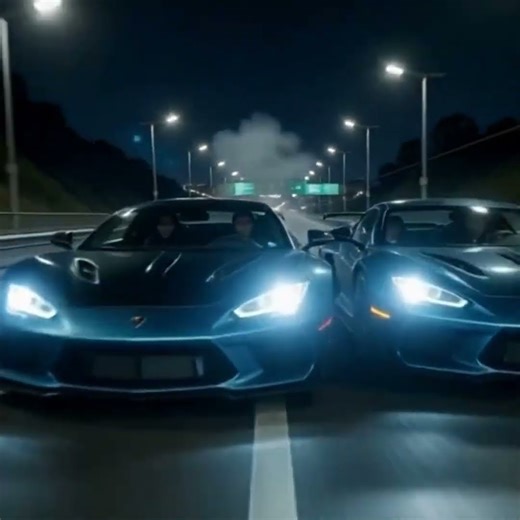 “Two supercars racing at full speed on a wide highway at night, cinematic view,