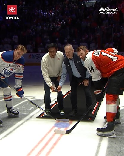 Staff Sergeant Rico Roman and Senior Enlisted Advisor to the Chairman John Wayne Troxell, two retired Army veterans, drop the puck! 👏 | Toyota USA x Hiring Our Heroes | NBC Sports Philadelphia