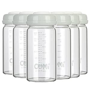 COMI Wide Neck Glass Breastmilk Collection n Storage Bottle, 8oz with Screw Ring Sealing Disk; Re-markable Sealing Disc. BPA Free, Fits Breast Pumps & Nipples (6 Gray Lids)