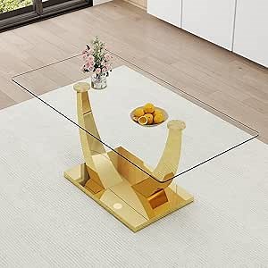 71” Glass Dining Table, Large Dining Room Table for 6-8, Gold Kitchen Table for Dining Room,0.4 Thickened Tempered Glass Top with Golden Rectangular Base