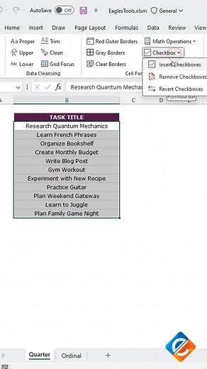 Eagle's Checkbox Wizard: Insert Revert Checkboxes Across Selected Cells in One Click! 🦅✅🔁 Discover the efficiency of Eagle's Add-In with the Checkbox Wizard feature! Learn how to insert revert checkboxes across all selected cells with just one click, streamlining your data management process. Elevate your spreadsheet skills and dive into this tutorial for a seamless approach to checkbox insertion. Watch, learn, and enhance your data manipulation capabilities with Eagle's Checkbox Wizard! 💻🚀 