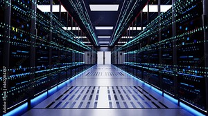 Concept of cloud data Flow moving through rack servers service center. Digitalization of Information Stream Moving Through Rack Servers in Data Center. Interconnected Threads Connect User Data. 3D 4K