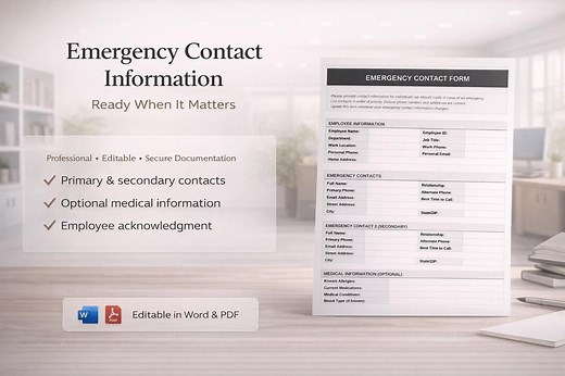 Employee Emergency Contact Form | Editable HR Template (word & PDF) - Etsy