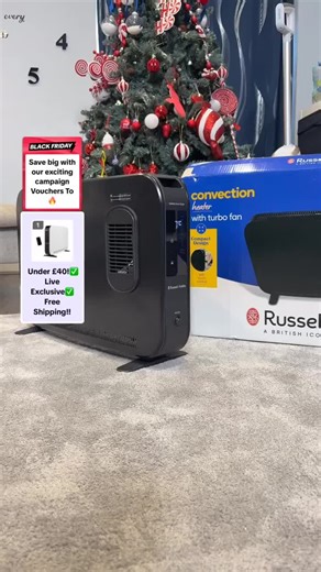 Russell Hobbs 2000W convection heater with turbo fan, remote control, and safety features. Compact, quick heating for rooms up to 20m² with 24-hour timer.