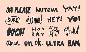 Please, Ouch, Hooray, Bam, Ultra, Ok, Amen. Vector Hand Drawn Illustration Sticker Collection with Cartoon Lettering Stock Vector - Illustration of shirt, logo: 188736526