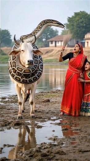 Python coils around cow, woman asks lion for help, lion saves cow🦁🐍🐃 #shorts #ai #shortvideo