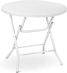 Athena Collection 2.6ft Folding Table, Portable Plastic Round Table Collapsible Card Craft Table with Steel Legs for Indoor Outdoor, Foldable Utility Dining Table for Commercial Camping Party, White