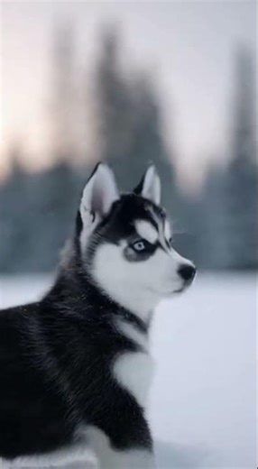 A small husky puppy experiencing snow for the first time Puppy jumps tries to catch snowflakes ro