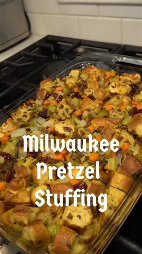 The stuffing recipe that never goes out of style! 5 cups cubed pretzels 8 tablespoons (1 stick) unsalted butter 1 medium yellow onion, diced (about 1 ½ cups) 2 stalks celery, diced (about 1 cup) 2 medium carrots, peeled and diced (about 1 cup) 1 Granny smith apple, unpeeled and cored, diced 1 tablespoon fresh Italian parsley, chopped 1 tbsp fresh sage, chopped ½ tsp salt (to taste) ½ tsp freshly ground black pepper (to taste) ¾ pound ground mild Italian sausage 2 cups chicken stock (low-sodium) 