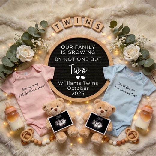 Twin Pregnancy Announcement, Girl Boy Pink Blue Siblings Boho Rustic Baby Reveal (digital Download) - Etsy