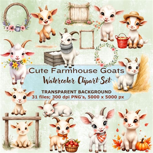 Farmhouse Goat Clipart PNG - Cute Watercolor Baby Goat Sublimation Designs, 31 Rustic Farm Animal Graphics for Scrapbooking and Kids Crafts - Etsy
