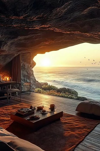 Experience the ultimate cozy cave room, where the warmth inside meets the breathtaking beauty of the sea and a stunning sunset outside. The perfect spot to unwind and take in nature’s beauty. 🌅🏞️ #CozyCave #SunsetVibes #SeaView #PeacefulMoments #NatureLovers #DreamRoom #SereneScapes