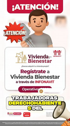 🏠🔑 ATENCIÓN TRABAJADORES Y TRABAJADORAS DERECHOHABIENTES DEL INFONAVIT 🔑🏠 Ya puedes registrarte al programa Vivienda para el Bienestar, a través de INFONAVIT, y adquirir una vivienda de al menos 60 m², con mensualidades accesibles, pensadas para las y los derechohabientes. 📌 Pon mucha atención a los requisitos: ✔️ Ganar entre 1 y 2 salarios mínimos ✔️ Tener al menos 6 meses de antigüedad laboral ✔️ No contar con un crédito hipotecario vigente con INFONAVIT 📋 Criterios importantes: 👉 Conta