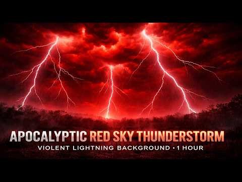 Apocalyptic Red Sky Thunderstorm - Violent Lightning Background (1 Hour)