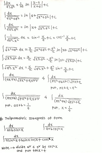 indefinite integration mathematics class 12 formula notes