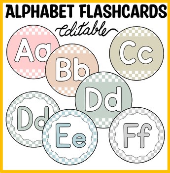 Boho Neutral Checkered Alphabet Flashcards, Round Word Wall Letters