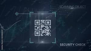 Animation of qr code, texts with multiple graphs and trading boards over black background