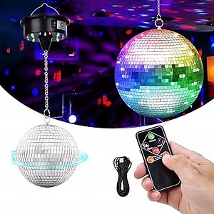 7" Hanging Disco Ball with Motor and Light, Rotating Spinner with Remote Control, 4 Light Colors and 18 LEDs for 70s 80s Party DJ Club Wedding Birthday Supplies