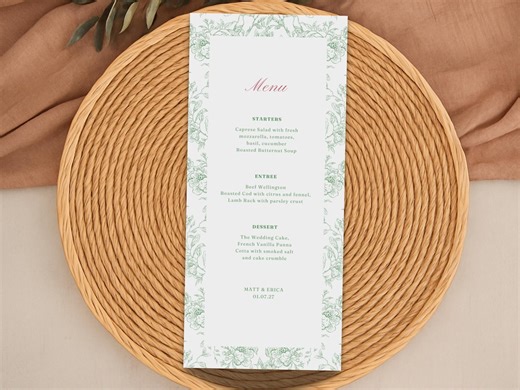 Botanical Toile Menu Template, Floral Editable Menu, Elegant Classic Green French Toile, Wedding Menu Template, Dinner Party Menu Download - Etsy