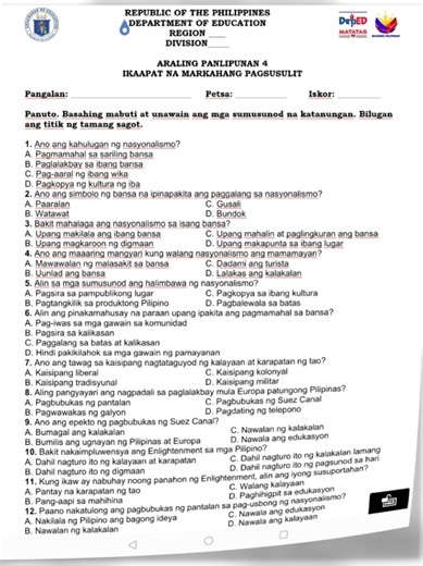 Araling Panlipunan 5: 4th Quarter Exam Review