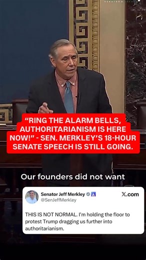Jessica Yellin on Instagram: "Oregon Senator Jeff Merkley has now been speaking on the Senate floor for over 18 hours in a marathon protest of Trump and his actions. He started talking at 6:21pm last night and hasn’t stopped since. He said, “I’ve come to the Senate floor tonight to ring the alarm bells…We’re in the most perilous moment, the biggest threat to our republic since the Civil War. President Trump is shredding our Constitution.” This morning, Merkley explained that he wants people’s ta
