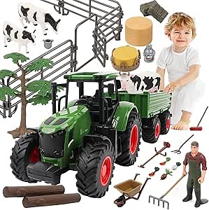 Farm Animal Tractor Toys Playset-16.5 Inches Tractor with Trailer Fence,Farmer,Tree,Cow,Farm Toy Set for Boys Girls Kids Toddlers Age 3-7 Years Old