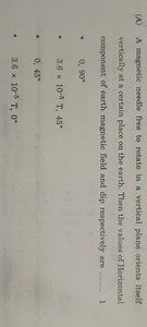 (A) A magnetic needle free to rotate in a vertical plane orient... | Filo