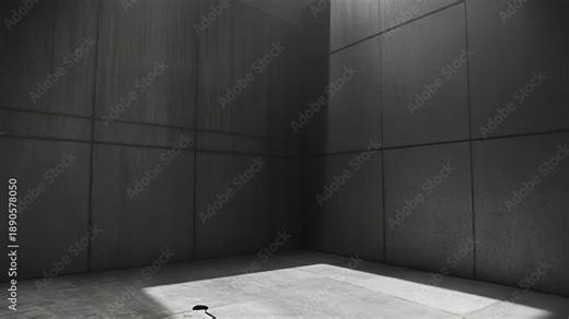 Minimalist interior of a brutalist architecture structure features dark walls and a smooth floor, illuminated by a single square beam of sunlight creating strong shadows