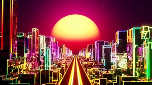 Flying over the neon city at sunset. Infinitely looped animation