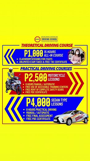 Go to someone you can trust! 😉🛑 Avail QUALITY trainings at a very LOW PRICE! 😲🤩👍🏼 Theoretical Driving Course ➡️ P1,000 all in! ✅Required for Student Permit ✅Classroom sessions ✅2 whole days ✅Free Certificate of Completion Motorcycle Training Course ➡️ P2,500 only! ✅8hrs all practical ✅Manual / Automatic ✅Free rent of safety gears ✅Free Certificate of Completion 4-wheels Training Course ➡️ P4,000 only! ✅8hrs all practical ✅Manual / Automatic ✅Free Certificate of Completion ‼️Hurry! Few slot