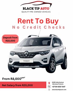 Black Tip Auto Rent-to-Buy – Apply Now! 🚗 Drive your dream car effortlessly build credit and equity while working towards ownership! ✅ No credit check – Everyone qualifies ✅ Insurance, tracking, licensing & warranty included ✅ Roadside assistance for peace of mind ✅ Flexible upgrades & downgrades Eligibility: ✔ Live & work in South Africa ✔ Earn R20,000 per month ✔ Valid ID & driver’s license ✔ 3 months bank statements & proof of income Apply today and get on the road | Black Tip Auto
