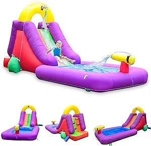 Multicolored Inflatable Water Slide Park Bounce House Bouncy Castle with Climbing Wall, PVC Pool Bottom for Water Storage, Water Cannon 13x5.83x5.92ft for Ages 3-6 with Blower