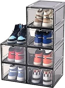 KEFA Large Sneaker Shoe Storage Box,6 Pack Drop Front Shoe Box with Magnetic Door, Clear Shoe Boxes Stackable Fit US 12(Ash 6 PACK)