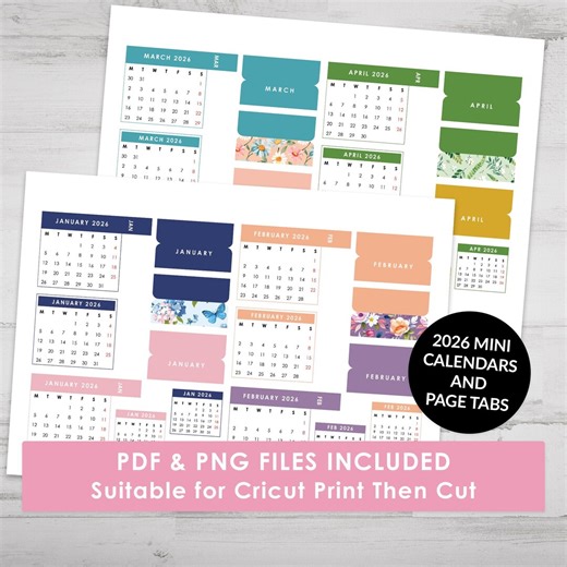 2026 Mini Calendar Stickers With Monthly Tabs & Floral Covers | Printable Planner and Journal Set | Suits Cricut Print Then Cut - Etsy