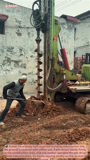 Rural Self-Building Site: Workers Operating Pile Driver for Hole Digging 🛠️
