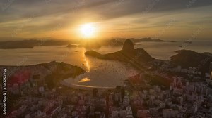 sunset sky flight over rio de janeiro city bay aerial panorama 4k timelapse brasil