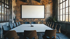 A large conference table sits empty in a modern office space with exposed brick walls and large windows