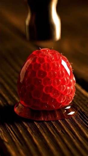 Glossy red raspberry tanghulu being cracked