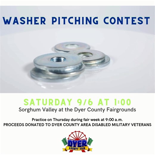 🎯🪣 SHOW YOUR AIM — JOIN THE WASHER PITCHING CONTEST! 🪣🎯 Get ready to pitch for fun and bragging rights at the Dyer County Fair’s Washer Pitching Contest! When: Saturday, September 6 at 1:00 PM Where: Sorghum Valley, Dyer County Fairgrounds Whether you're a seasoned pitcher or a first-timer, this event is open to all and promises a great time under the sun. Line up at the line, and let the best toss win! | Dyer County Fair