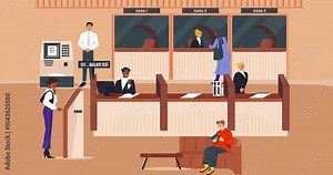 Bank office interior. Moving banner with financial managers and consultants communicating with clients and providing banking services about loans. Withdrawing cash from ATM. Flat animated graphics