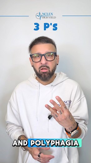 The 3 Ps of diabetes are more than memorization! To truly understand the signs and symptoms, remember: •⁠ ⁠Polyuria: the glucose pulls water with it, causing excessive urination •⁠ ⁠Polydipsia: the fluid loss leads to dehydration, triggering intense thirst •⁠ ⁠Polyphagia: the cells are starving for glucose, so the brain triggers increased hunger When you understand the pathophysiology, the symptoms make sense and the NCLEX questions become easier to reason through. Because remember, these terms